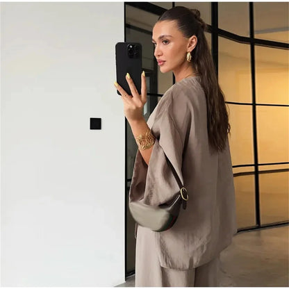 Women's V-Neck Shirt Set - High Waist Loose Pants