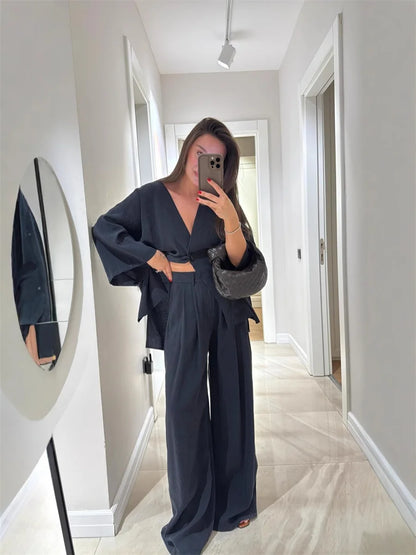 Women's V-Neck Shirt Set - High Waist Loose Pants