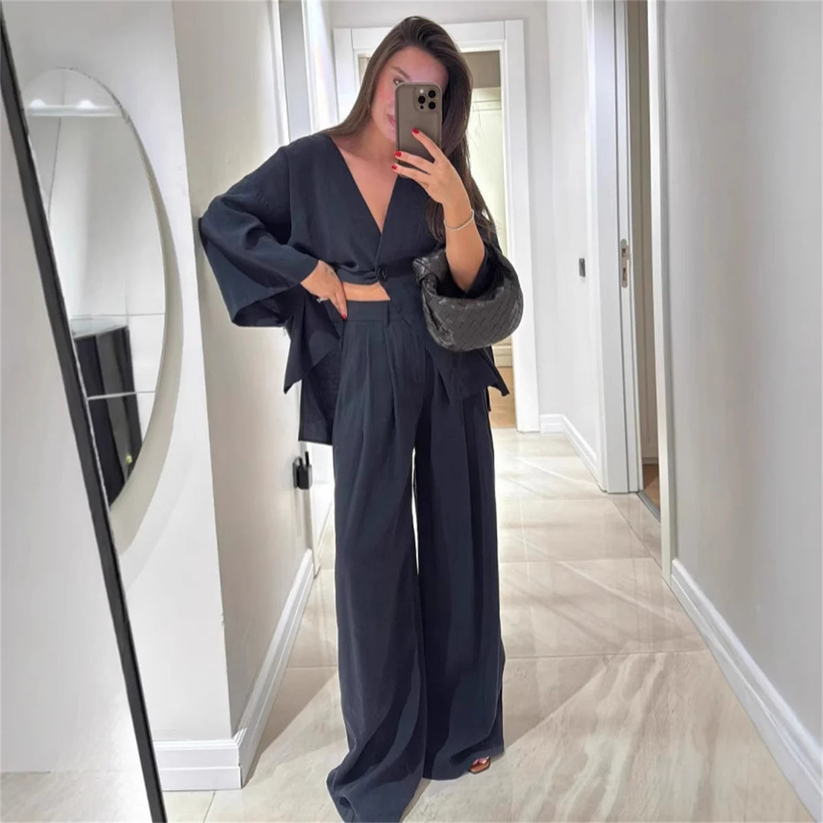 Women's V-Neck Shirt Set - High Waist Loose Pants