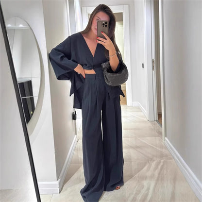 Women's V-Neck Shirt Set - High Waist Loose Pants