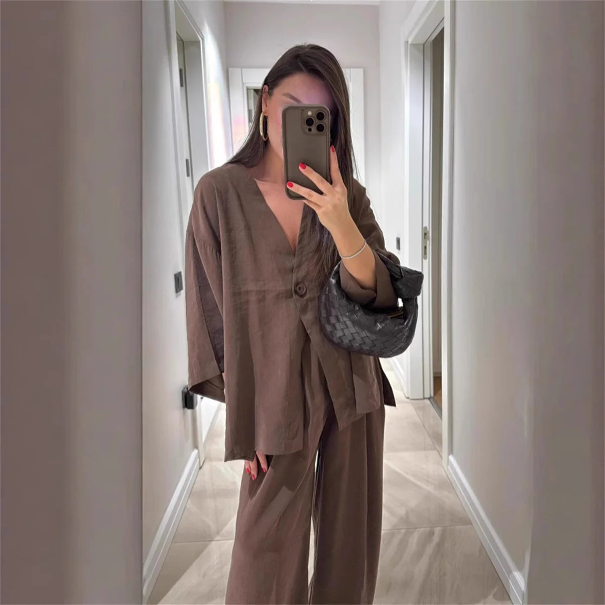 Women's V-Neck Shirt Set - High Waist Loose Pants
