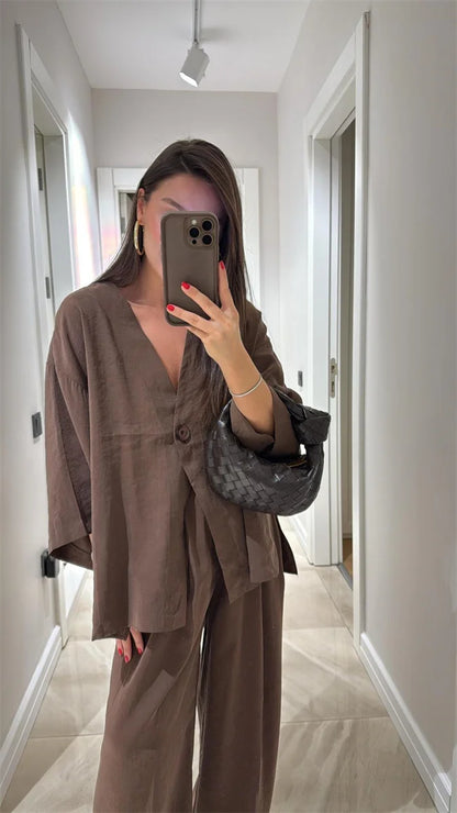 Women's V-Neck Shirt Set - High Waist Loose Pants