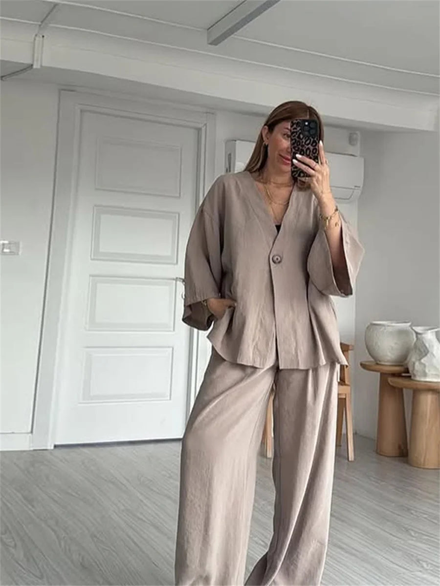 Women's V-Neck Shirt Set - High Waist Loose Pants