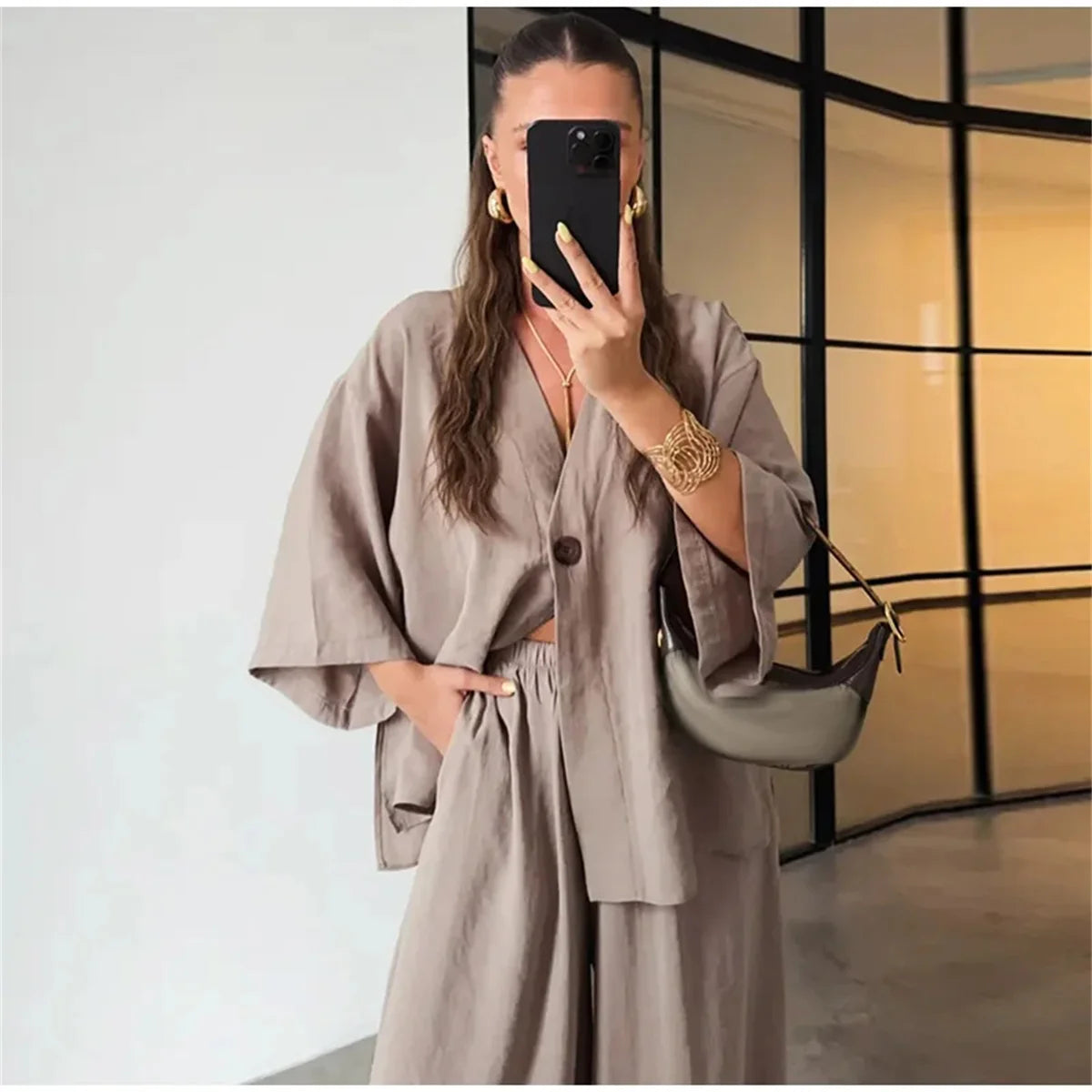 Women's V-Neck Shirt Set - High Waist Loose Pants