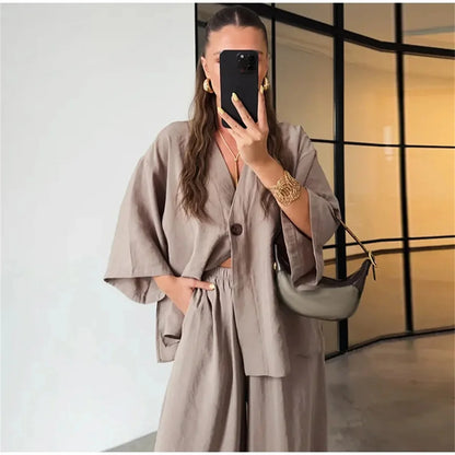 Women's V-Neck Shirt Set - High Waist Loose Pants