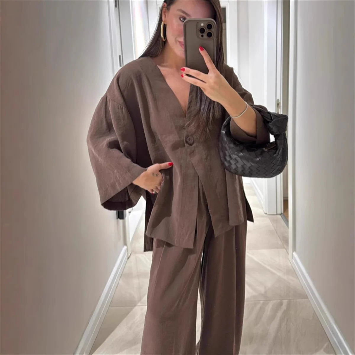 Women's V-Neck Shirt Set - High Waist Loose Pants