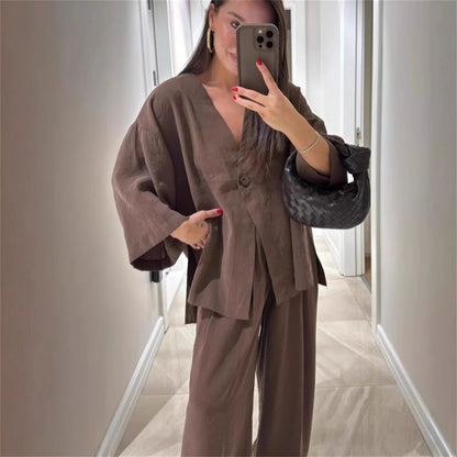 Women's V-Neck Shirt Set - High Waist Loose Pants