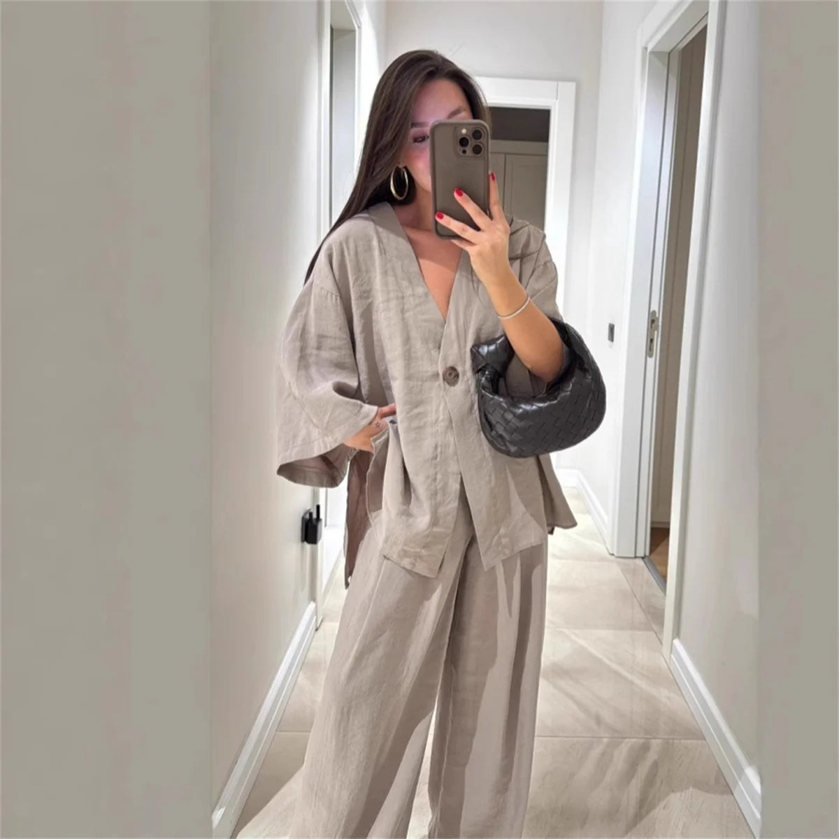 Women's V-Neck Shirt Set - High Waist Loose Pants