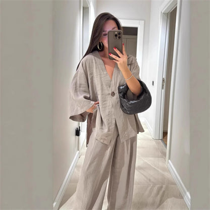 Women's V-Neck Shirt Set - High Waist Loose Pants