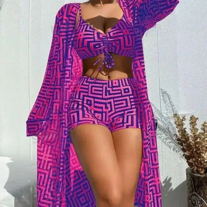 Best Selling High Waist Beachwear Women's Two-Piece Swimsuit Cover up Three-Piece Set Gathered
