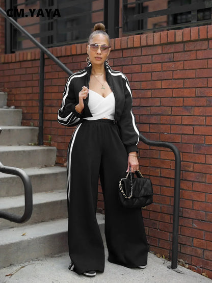Active wear Women's Set Long Sleeve Striped Sweatshirt+Straight Pants
