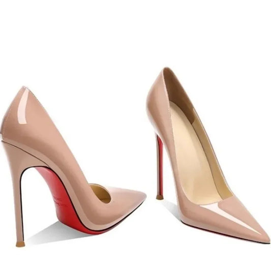 These shallow high heels feature a striking red bottom and pointed toe, combining fashion and elegance for a sexy, confident look.