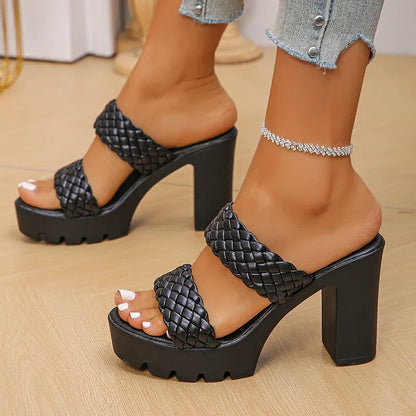 PU Leather Woven Heels Summer Slip-On Sandals Non-Slip Thick Heels Stylish PU Slip-Ons Comfortable High Heels