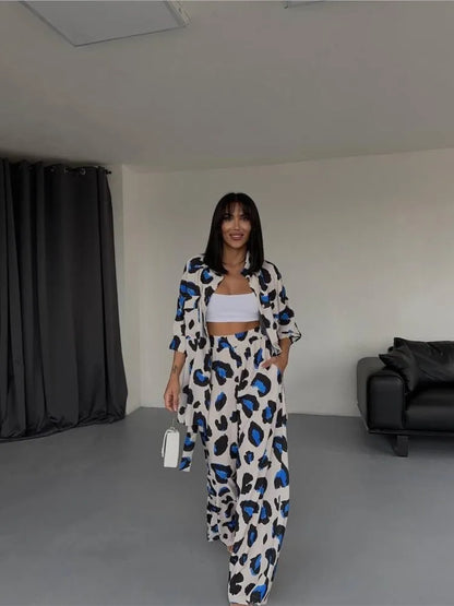 Leopard Print Women's Two Piece Sets Elegant Casual Button Streetwear Long Sleeve Shirt And Wide Leg Pants 2 Piece Sets