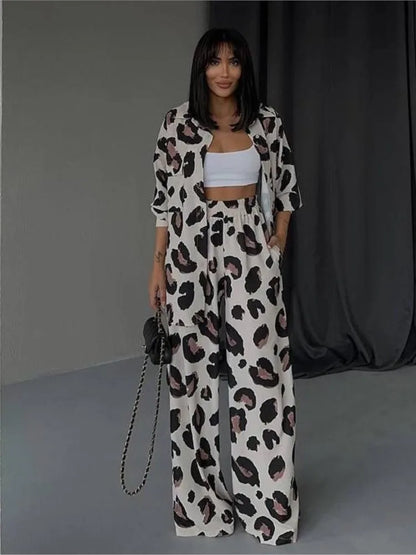 Leopard Print Women's Two Piece Sets Elegant Casual Button Streetwear Long Sleeve Shirt And Wide Leg Pants 2 Piece Sets
