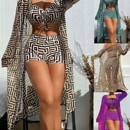 Best Selling High Waist Beachwear Women's Two-Piece Swimsuit Cover up Three-Piece Set Gathered