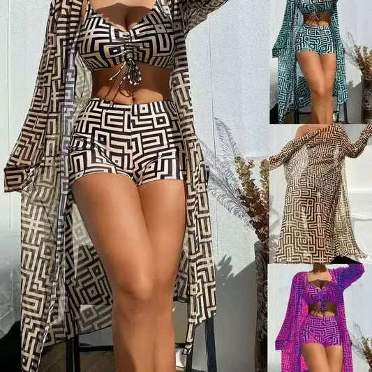 Best Selling High Waist Beachwear Women's Two-Piece Swimsuit Cover up Three-Piece Set Gathered