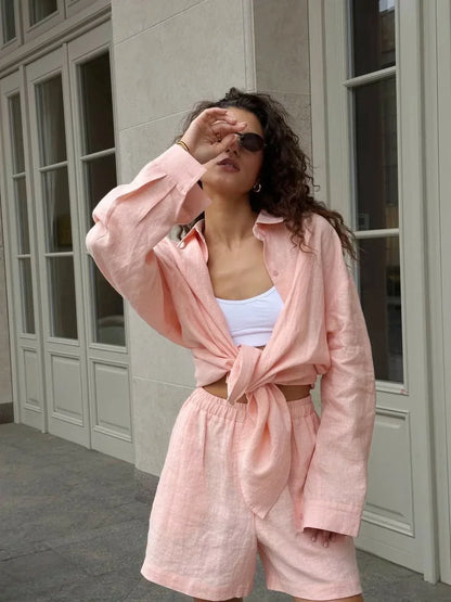 Women's Cotton Casual Set - Long Sleeve Shirt & Pants