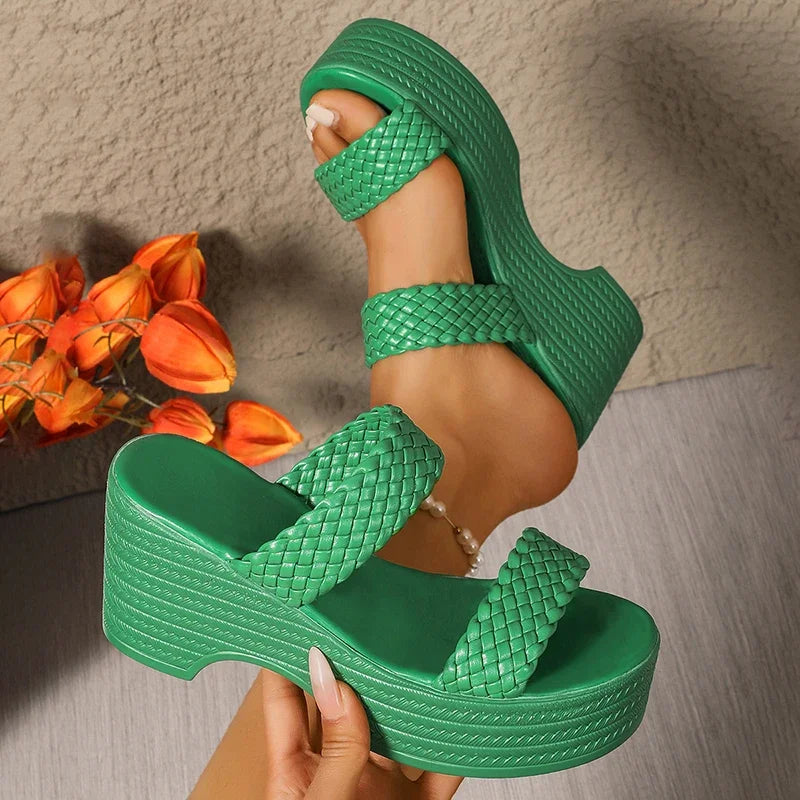 Green Wedge Heeled Woven Sandals