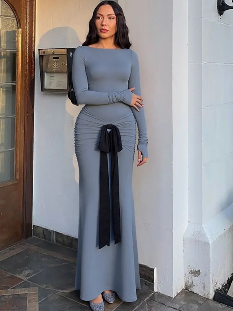 Women's Long Sleeve Maxi Dress - Ruched Bow Bodycon