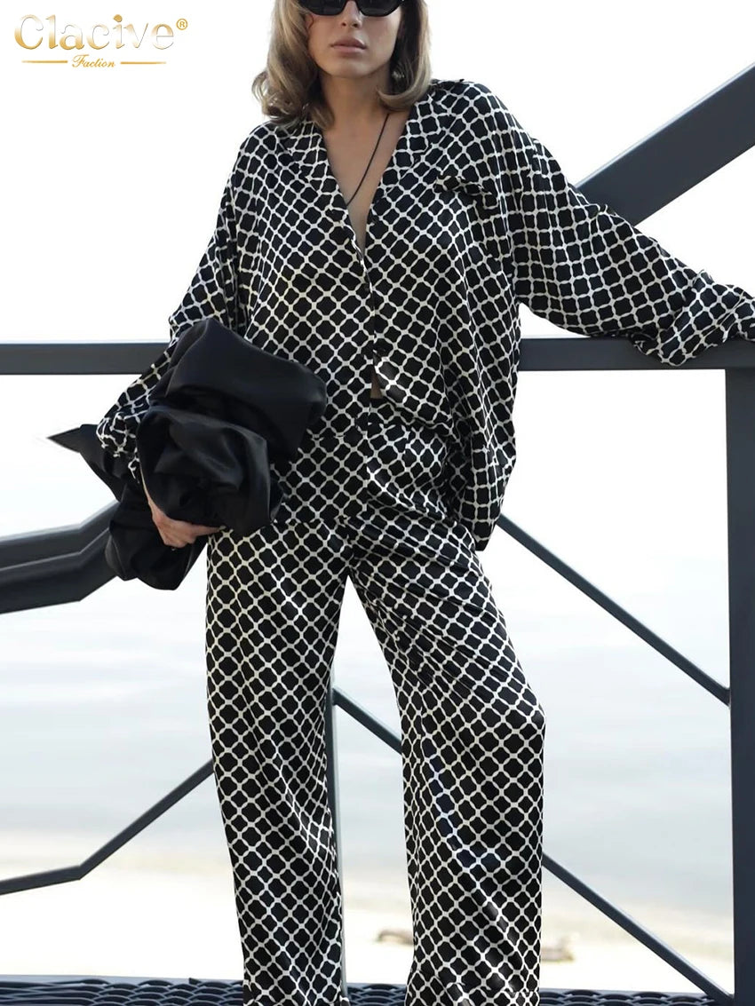 Women's Print Two Piece Set - Long Sleeve Shirt & Wide Pants
