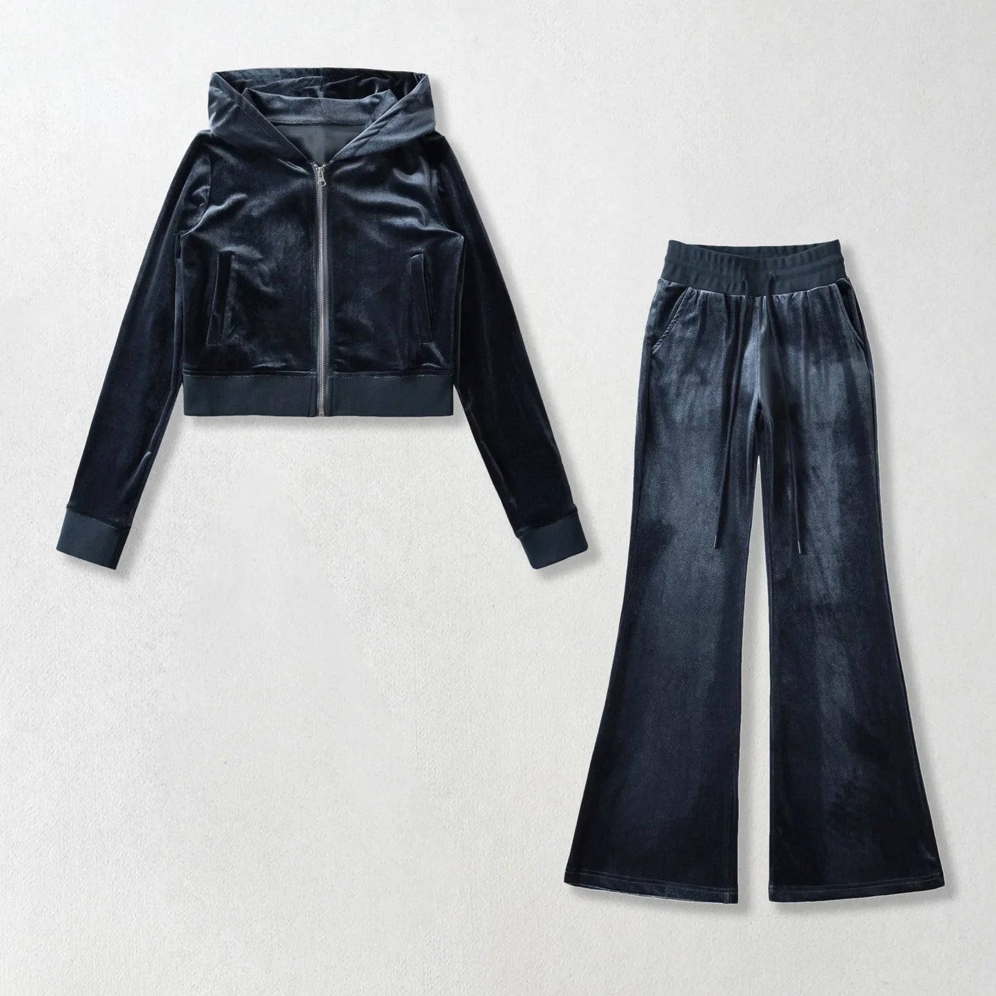 Women's Y2K Velvet Set - Hooded Cardigan & Straight Pants