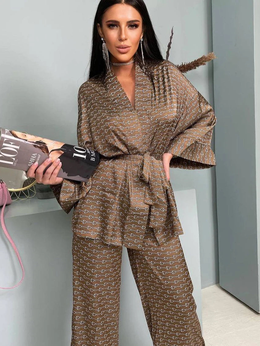 Two piece silk set   Long Sleeve Drop Shoulder Shirt & High Elastic Waist