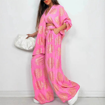 l Printed Gold Embossed Loose Long-sleeved Shirt Suit Laid-back Pocket Wide-leg Trousers Elegant Female 2 Piece Set