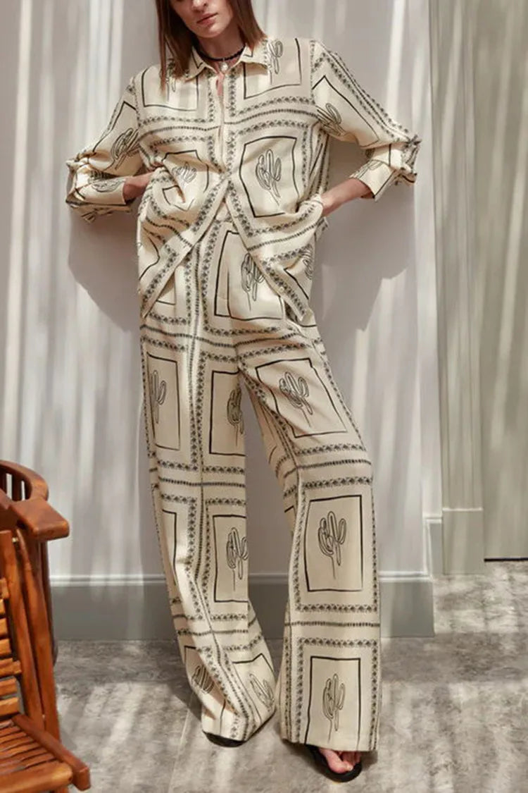 Printed Shirts Two Piece Set Women Long Sleeve Lapel Shirts High Waist Wide Leg Pants Suit For Women