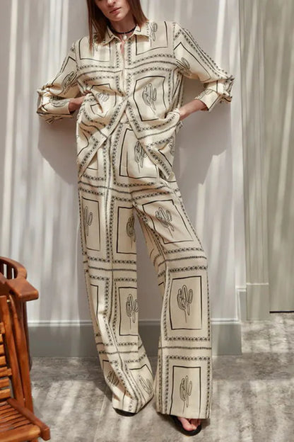 Printed Shirts Two Piece Set Women Long Sleeve Lapel Shirts High Waist Wide Leg Pants Suit For Women