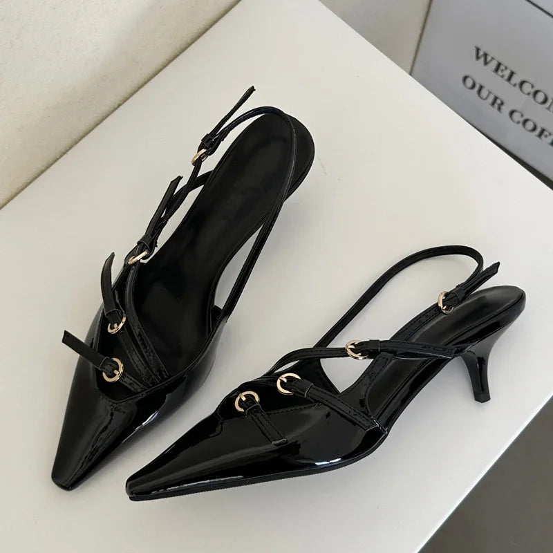 Buckle Strap Pumps Women Sexy Pointed Toe Thin Heels Wedding Banquet Dress Mule Ladies Shoes