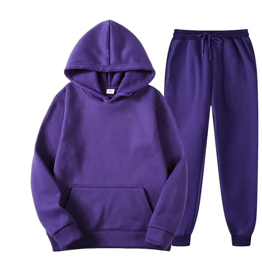 Men Women Tracksuit Hoodies Casual Solid Color Thick Pullover and Long Pant 2-piece Set Men Autumn Fleece Jogger Sports Suit