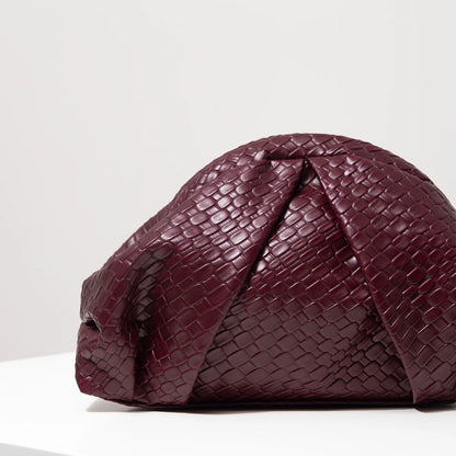 Vintage Artificial Leather Woven Pattern Clutch Bag, Burgundy Purse, Porm Dresses for Women, Shell Bag, Ruched Clouds Bag