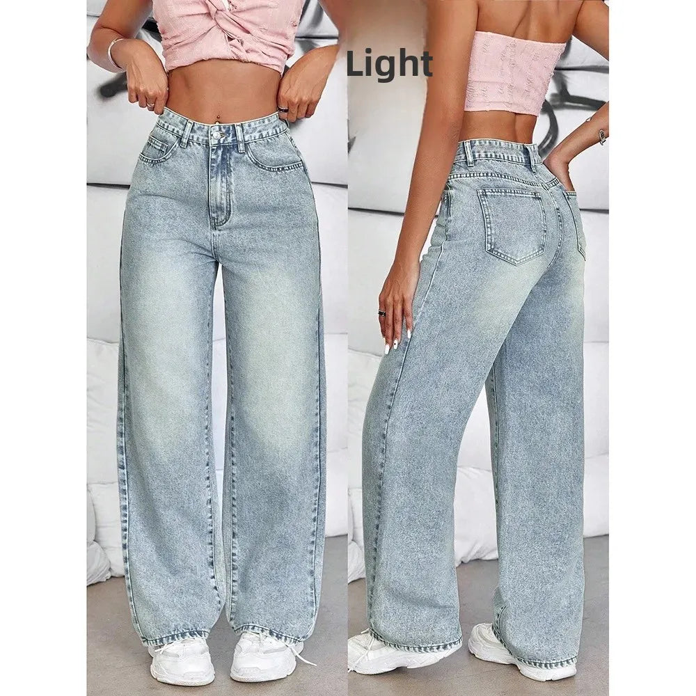 High Waist Straight Leg Vintage Denim Jeans Draping Loose Long for Women