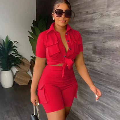Women's Streetwear Two Piece Set - Summer Button-Up Shorts