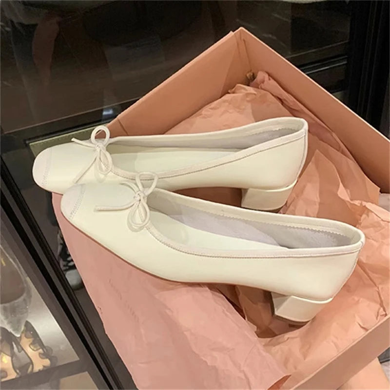 Fashion Elegant Silk Ballerinas Women Pumps Slip On Loafers Round Toe Square Heels Bowknot Casual Spring Autumn Shoes