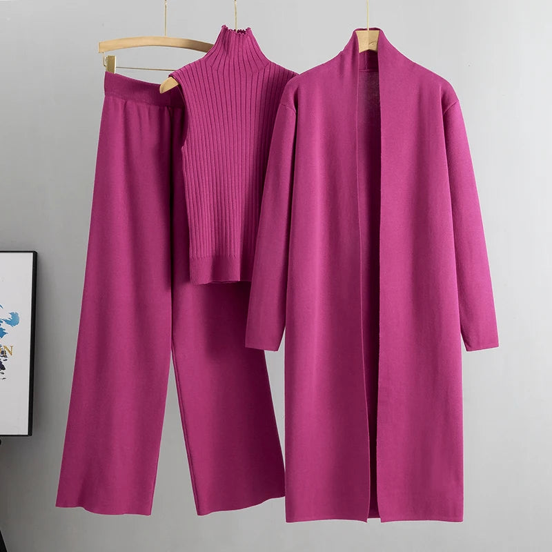 Women's 3 Piece Cardigan Set - Knitted Tracksuit & Pants