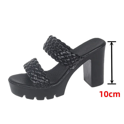 PU Leather Woven Heels Summer Slip-On Sandals Non-Slip Thick Heels Stylish PU Slip-Ons Comfortable High Heels