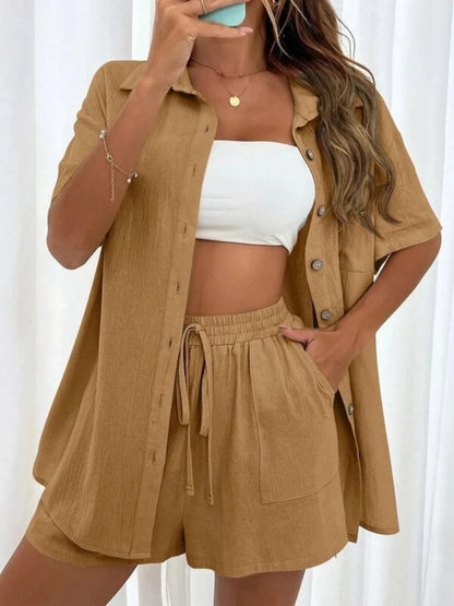 Womens Two Peice Sets Fashion Shorts Solid Color Shirts Set Short-sleeved Casual Loosesingle-breasted Women's 2 Piece Sets