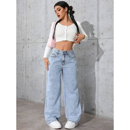High Waist Straight Leg Vintage Denim Jeans Draping Loose Long for Women