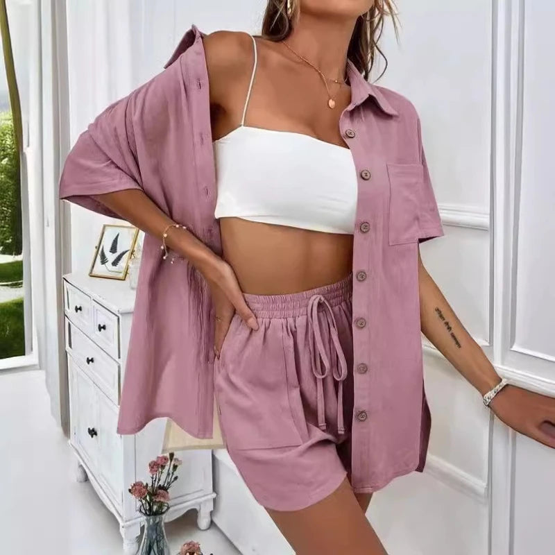 Womens Two Peice Sets Fashion Shorts Solid Color Shirts Set Short-sleeved Casual Loosesingle-breasted Women's 2 Piece Sets