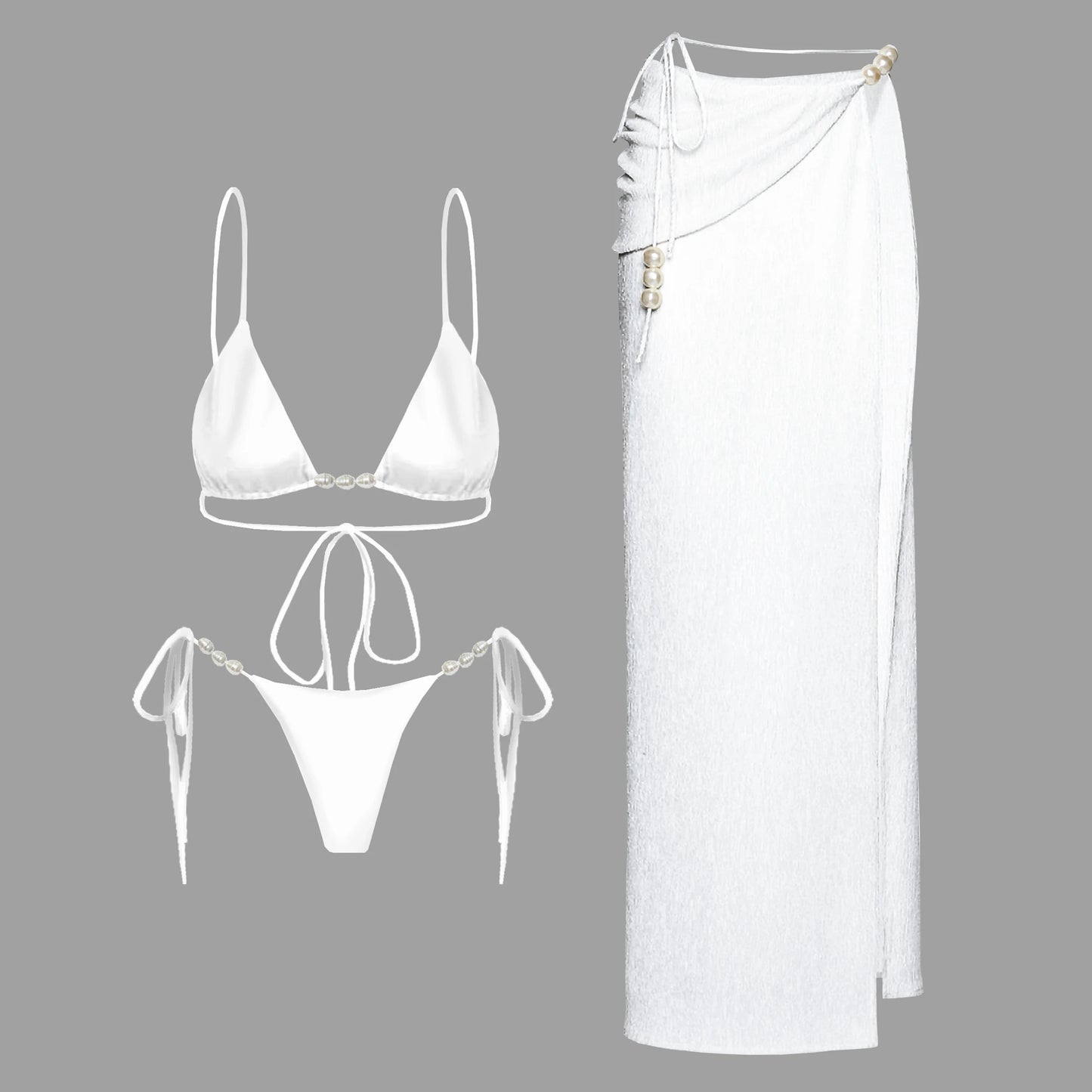 3Pcs Sexy Bikini Set With Cover Up Pearls White Swimsuit Women Halter Swimwear Female Off Shoulder Bathingsuit Biquini Beachwear