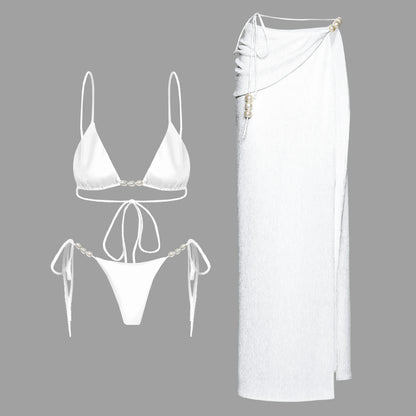 3Pcs Sexy Bikini Set With Cover Up Pearls White Swimsuit Women Halter Swimwear Female Off Shoulder Bathingsuit Biquini Beachwear