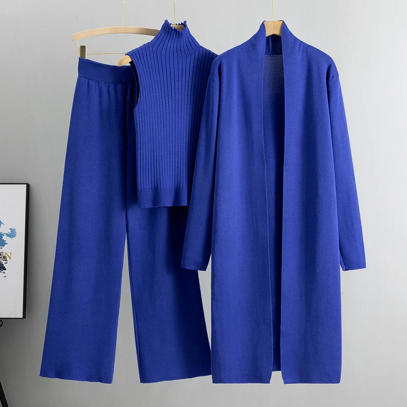 Women's 3 Piece Cardigan Set - Knitted Tracksuit & Pants
