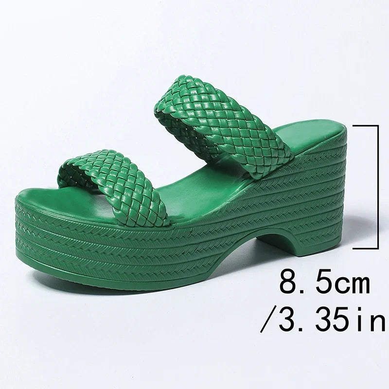 Green Wedge Heeled Woven Sandals