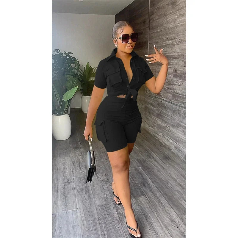 Women's Streetwear Two Piece Set - Summer Button-Up Shorts