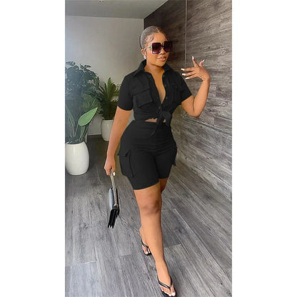 Women's Streetwear Two Piece Set - Summer Button-Up Shorts