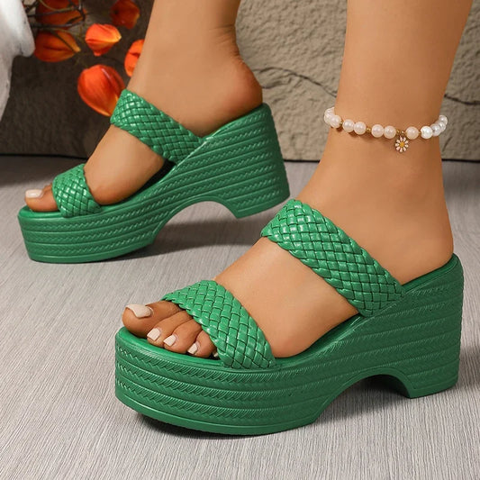 Green Wedge Heeled Woven Sandals