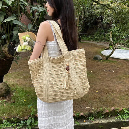 Summer Straw Women Bag Hand-Woven Handbags Handmade Raffia Beach Boho Shoulder Bag Large Tote Bag Tassel Shopping Purses