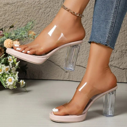 Glass thick-heeled sandals for women
